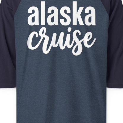 Bold Alaska Cruise Typography Shirt for Vacation Memories — 3/4 Sleeve T-Shirt – Heather Denim/Navy – Alaska Cruise Shirts Close Up