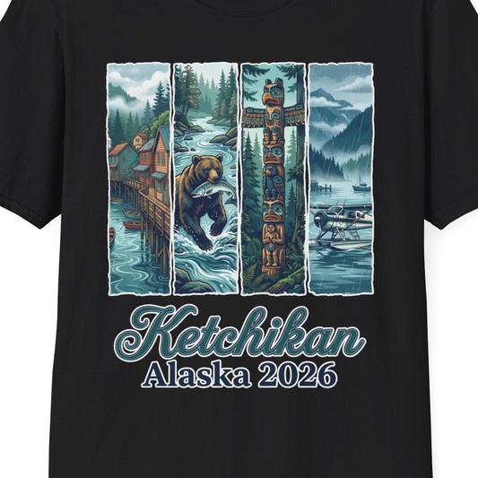 Ketchikan Alaska 2026 Scenic Nature and Totem Pole Art T-Shirt — T-Shirt T-Shirt – Black – Alaska Cruise Shirts Close Up