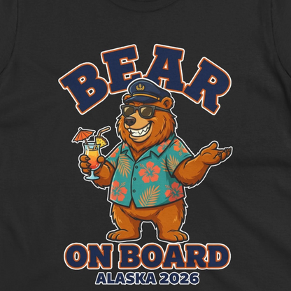 Bear On Board Alaska 2026 Funny Tropical Cruise T-Shirt — Ladies Tee T-Shirt – Black – Alaska Cruise Shirts Close Up