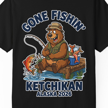 Gone Fishin Ketchikan Alaska 2026 Cartoon Bear Souvenir Shirt — Comfort T-Shirt – Black – Alaska Cruise Shirts Close Up