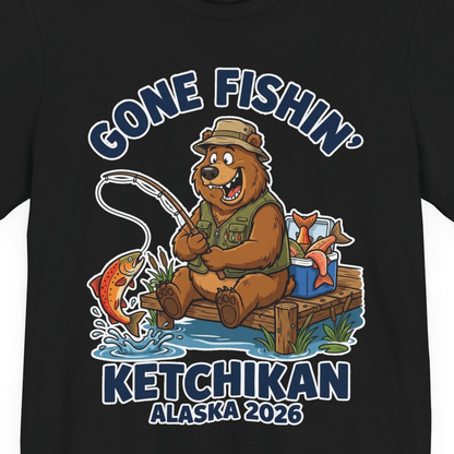 Gone Fishin Ketchikan Alaska 2026 Cartoon Bear Souvenir Shirt — Premium Tee T-Shirt – Black – Alaska Cruise Shirts Close Up