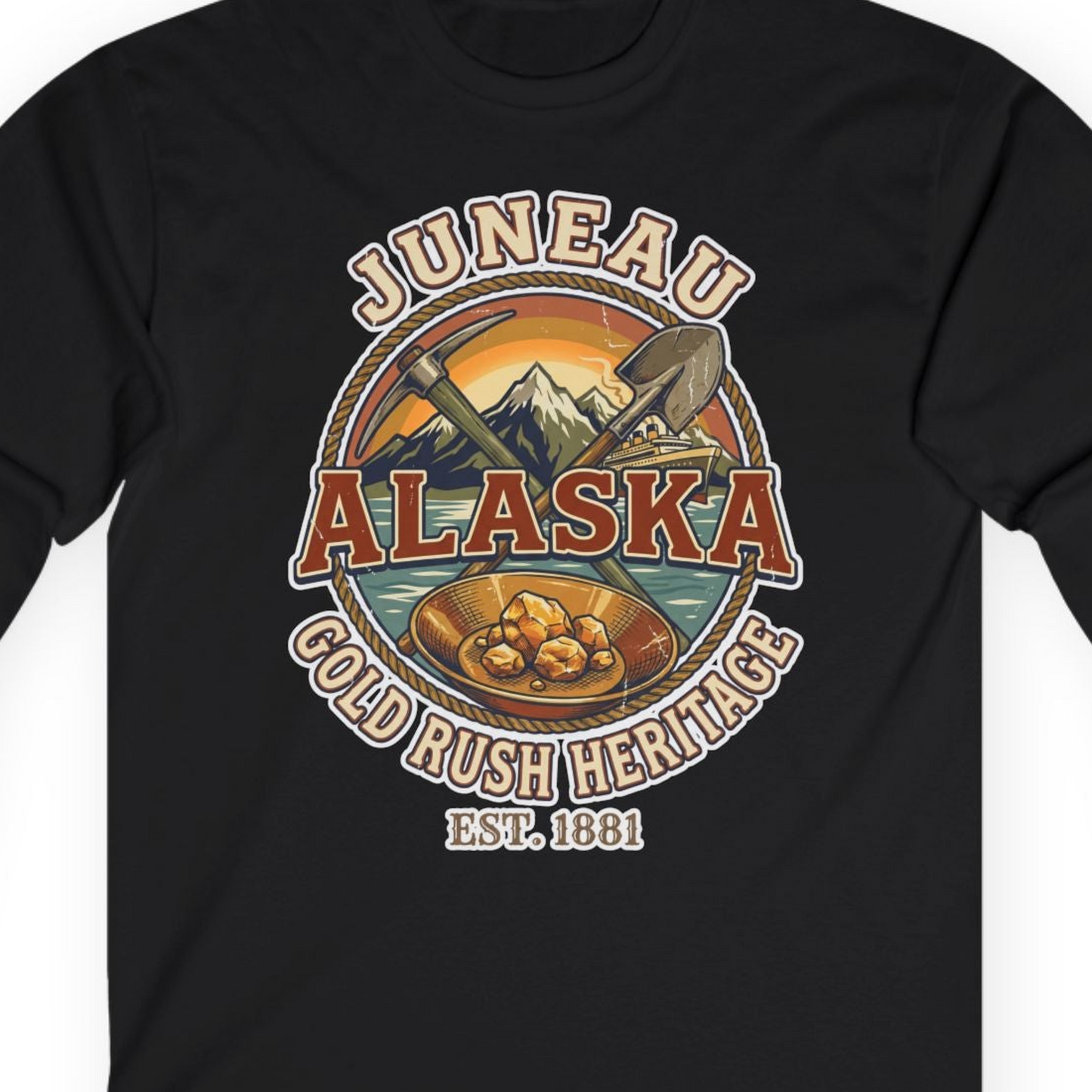 Juneau Alaska Gold Rush Heritage Vintage Travel T-Shirt — Long Sleeve T-Shirt – Black – Alaska Cruise Shirts Close Up