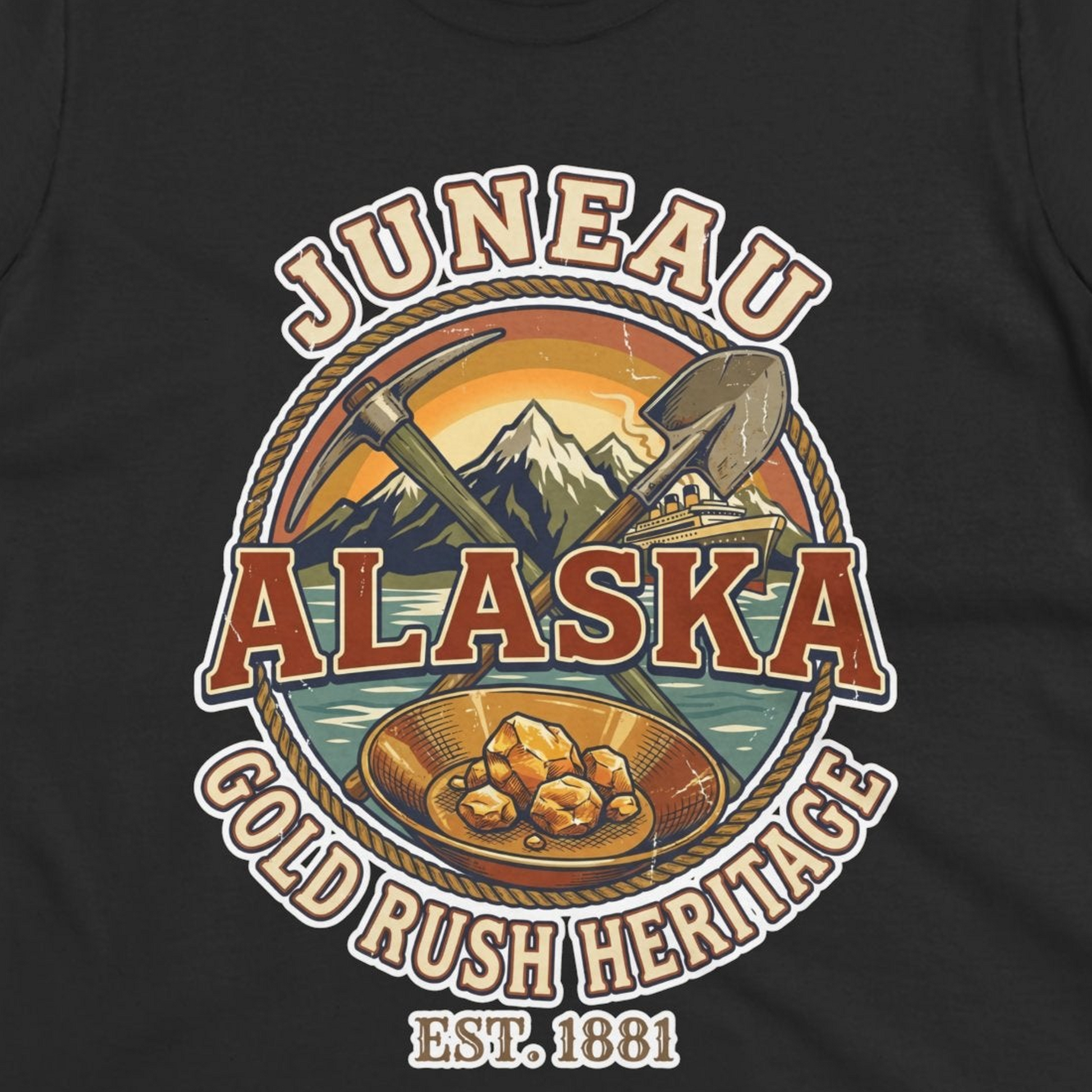 Juneau Alaska Gold Rush Heritage Vintage Travel T-Shirt — Ladies Tee T-Shirt – Black – Alaska Cruise Shirts Close Up