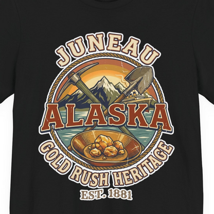 Juneau Alaska Gold Rush Heritage Vintage Travel T-Shirt — Premium Tee T-Shirt – Black – Alaska Cruise Shirts Close Up