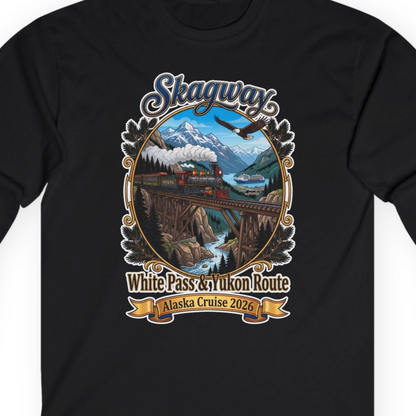Skagway Alaska Cruise Shirt White Pass Yukon Route 2026 Souvenir — Long Sleeve T-Shirt – Black – Alaska Cruise Shirts Close Up