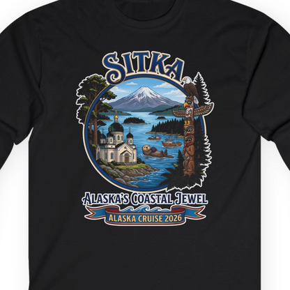 Sitka Alaska Cruise 2026 Alaska's Coastal Jewel Travel Souvenir Shirt — Long Sleeve T-Shirt – Black – Alaska Cruise Shirts Close Up