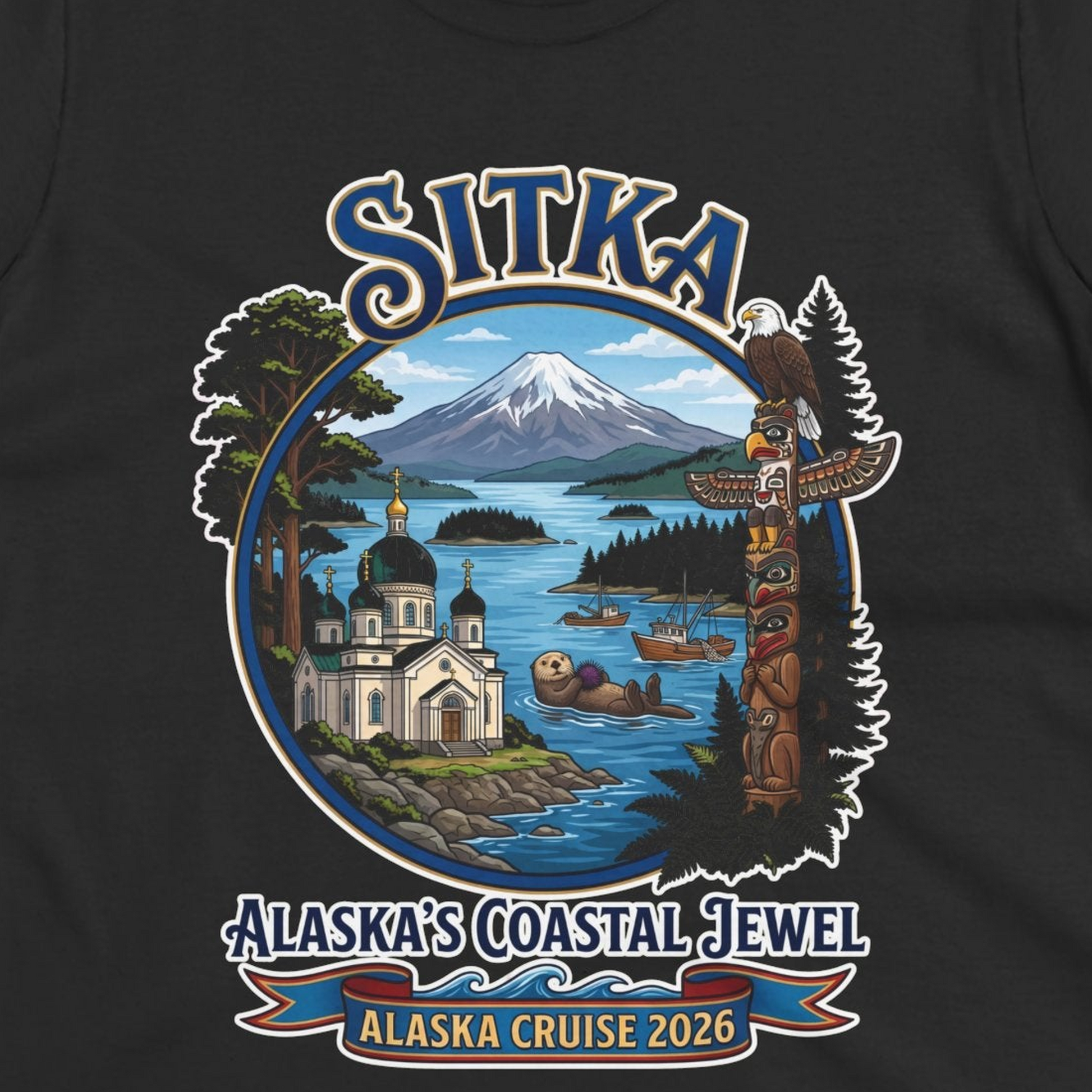Sitka Alaska Cruise 2026 Alaska's Coastal Jewel Travel Souvenir Shirt — Ladies Tee T-Shirt – Black – Alaska Cruise Shirts Close Up