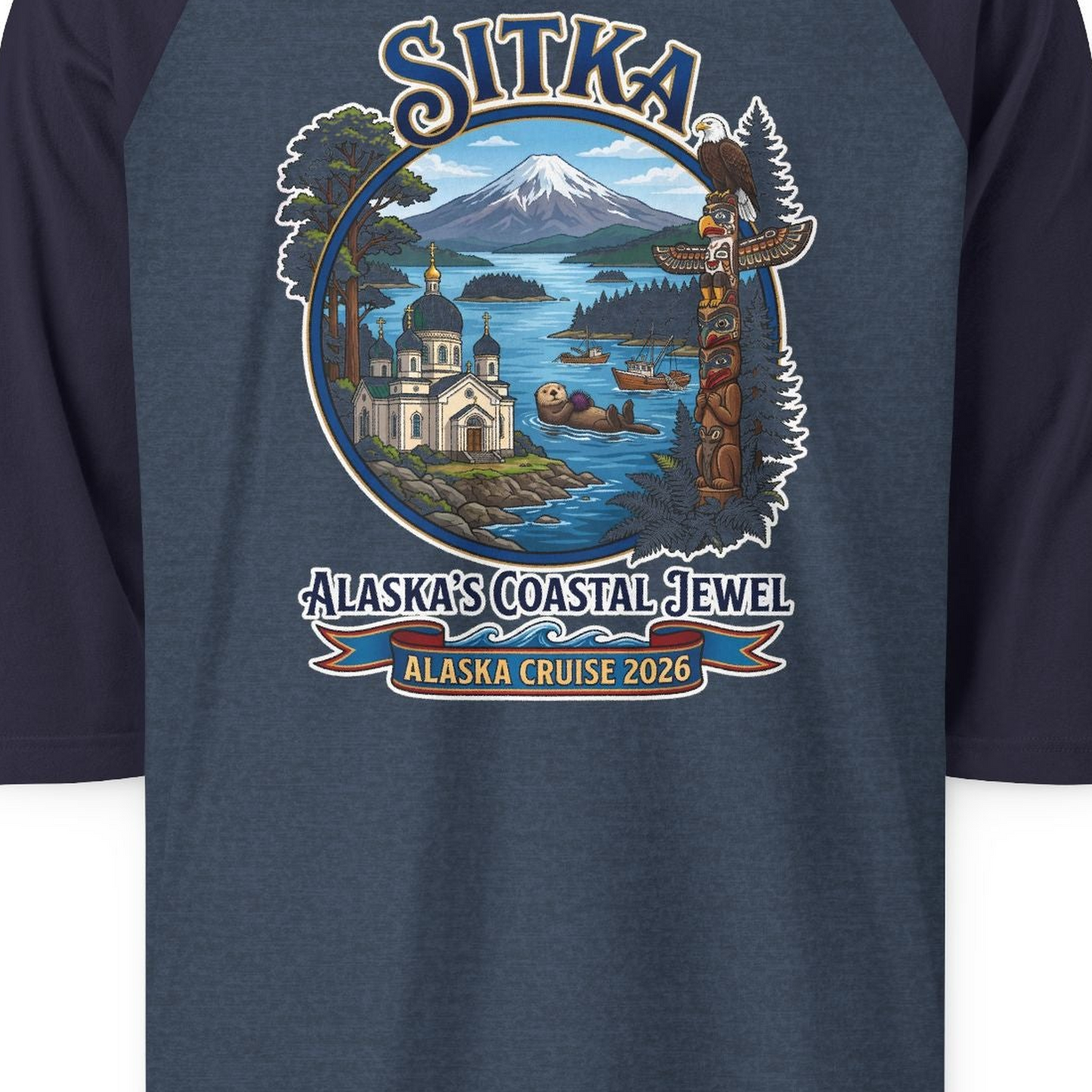 Sitka Alaska Cruise 2026 Alaska's Coastal Jewel Travel Souvenir Shirt — 3/4 Sleeve T-Shirt – Heather Denim/Navy – Alaska Cruise Shirts Close Up