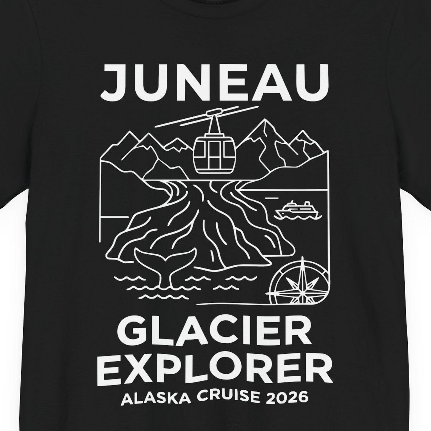 Juneau Glacier Explorer Alaska Cruise 2026 Adventure Shirt — Premium Tee T-Shirt – Black – Alaska Cruise Shirts Close Up