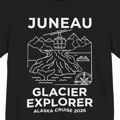 Juneau Glacier Explorer Alaska Cruise 2026 Adventure Shirt — Premium Tee T-Shirt – Black – Alaska Cruise Shirts Close Up