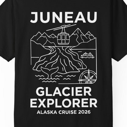 Juneau Glacier Explorer Alaska Cruise 2026 Adventure Shirt — Comfort T-Shirt – Black – Alaska Cruise Shirts Close Up