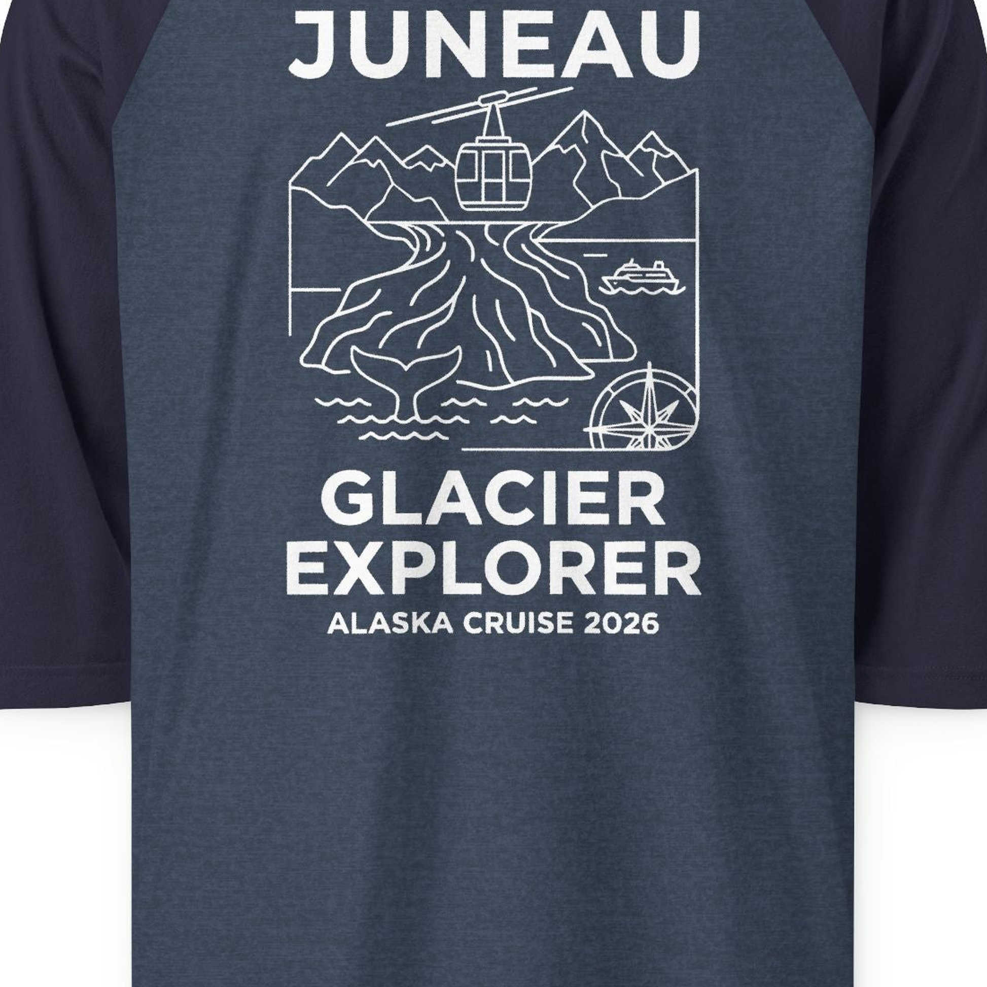 Juneau Glacier Explorer Alaska Cruise 2026 Adventure Shirt — 3/4 Sleeve T-Shirt – Heather Denim/Navy – Alaska Cruise Shirts Close Up