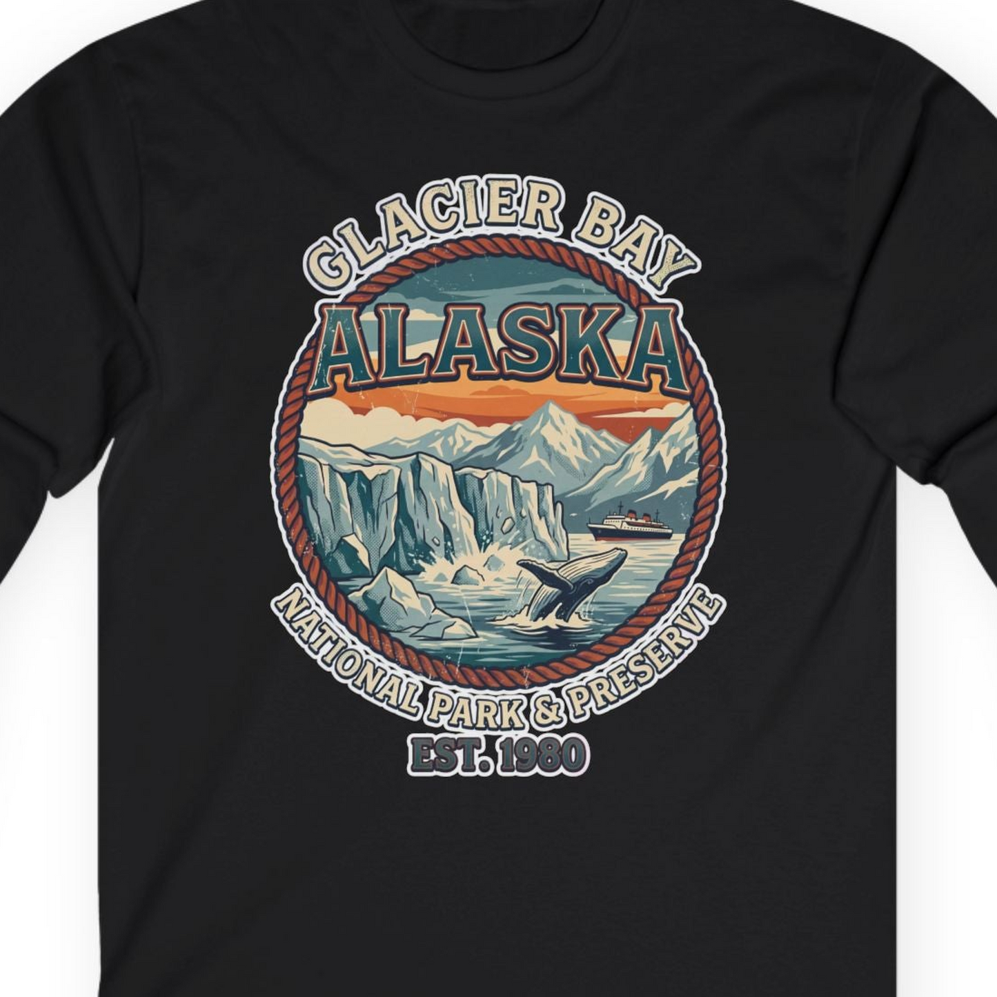 Glacier Bay Alaska National Park Vintage Nature Scene Shirt — Long Sleeve T-Shirt – Black – Alaska Cruise Shirts Close Up