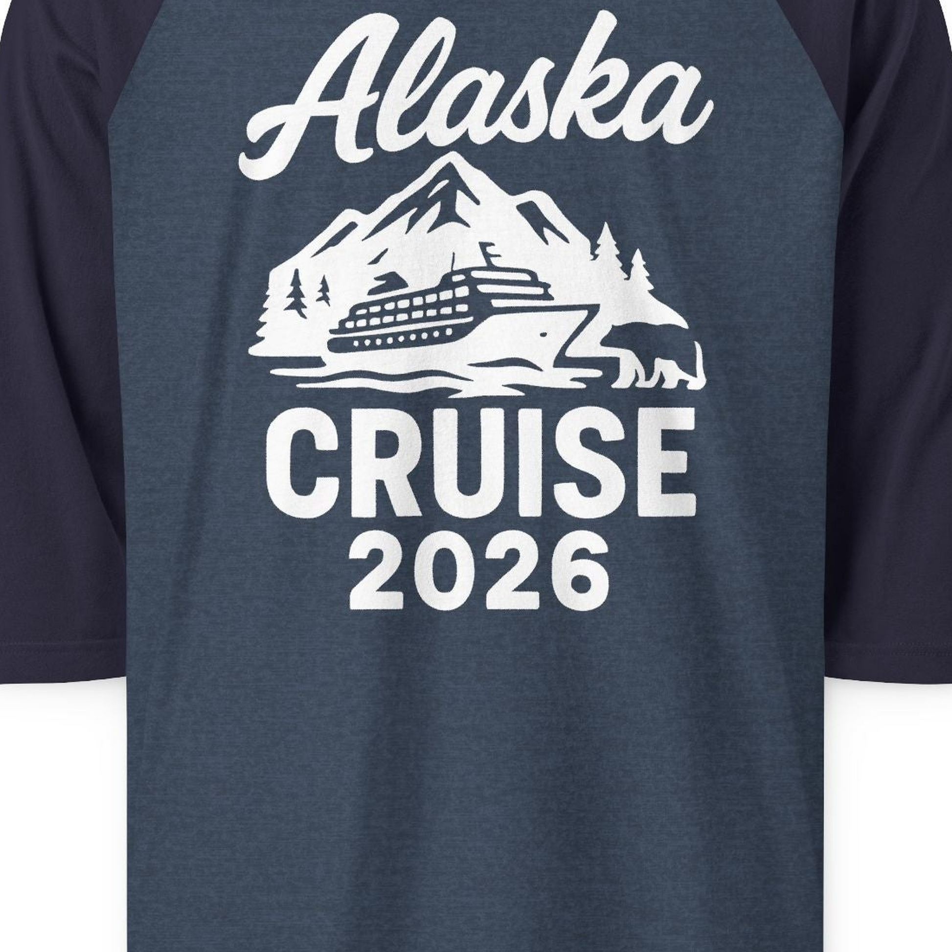 Alaska Cruise 2026 Nature Adventure Souvenir T-Shirt — 3/4 Sleeve T-Shirt – Heather Denim/Navy – Alaska Cruise Shirts Close Up