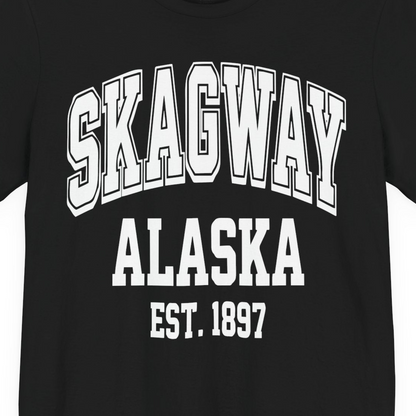 Skagway Alaska Est 1897 Vintage Collegiate Souvenir Shirt — Premium Tee T-Shirt – Black – Alaska Cruise Shirts Close Up