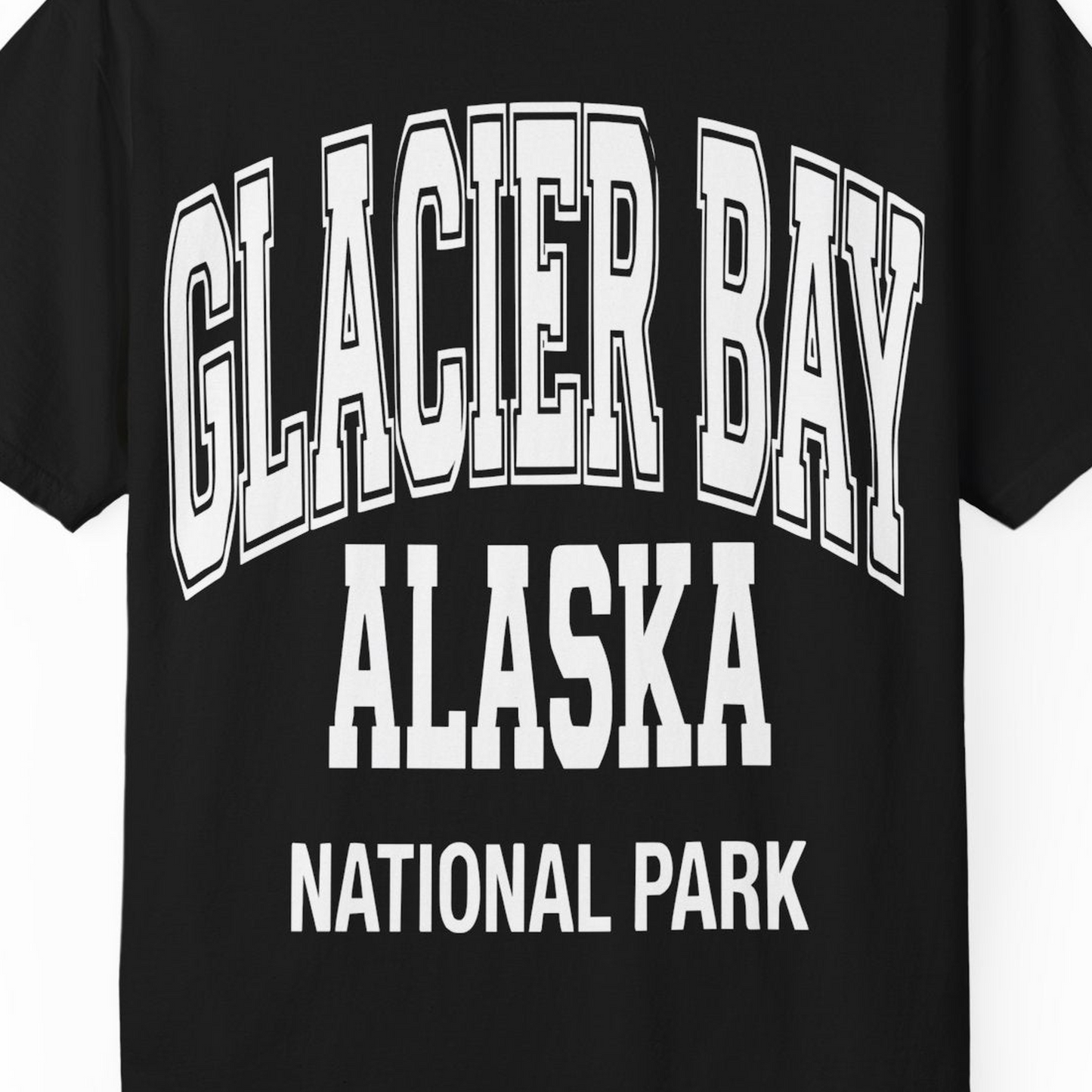 Glacier Bay Alaska National Park Classic Souvenir T-Shirt — Comfort T-Shirt – Black – Alaska Cruise Shirts Close Up
