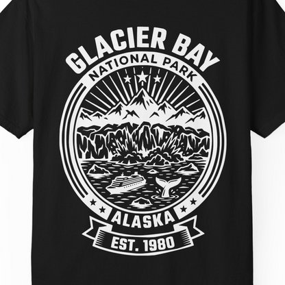 Glacier Bay Alaska National Park Adventure Shirt for Travelers — Comfort T-Shirt – Black – Alaska Cruise Shirts Close Up