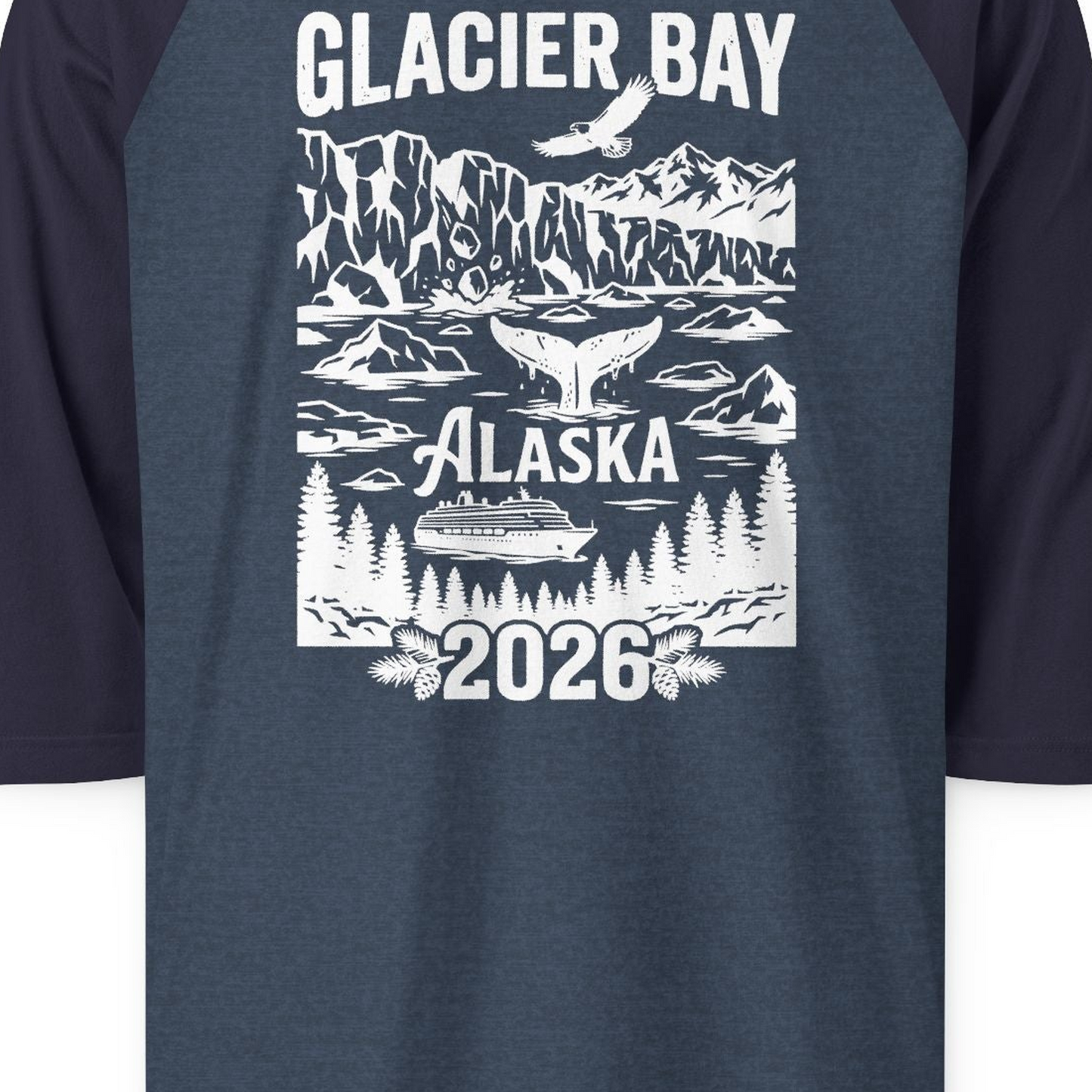 Glacier Bay Alaska 2026 Cruise Adventure Nature Scene Shirt — 3/4 Sleeve T-Shirt – Heather Denim/Navy – Alaska Cruise Shirts Close Up