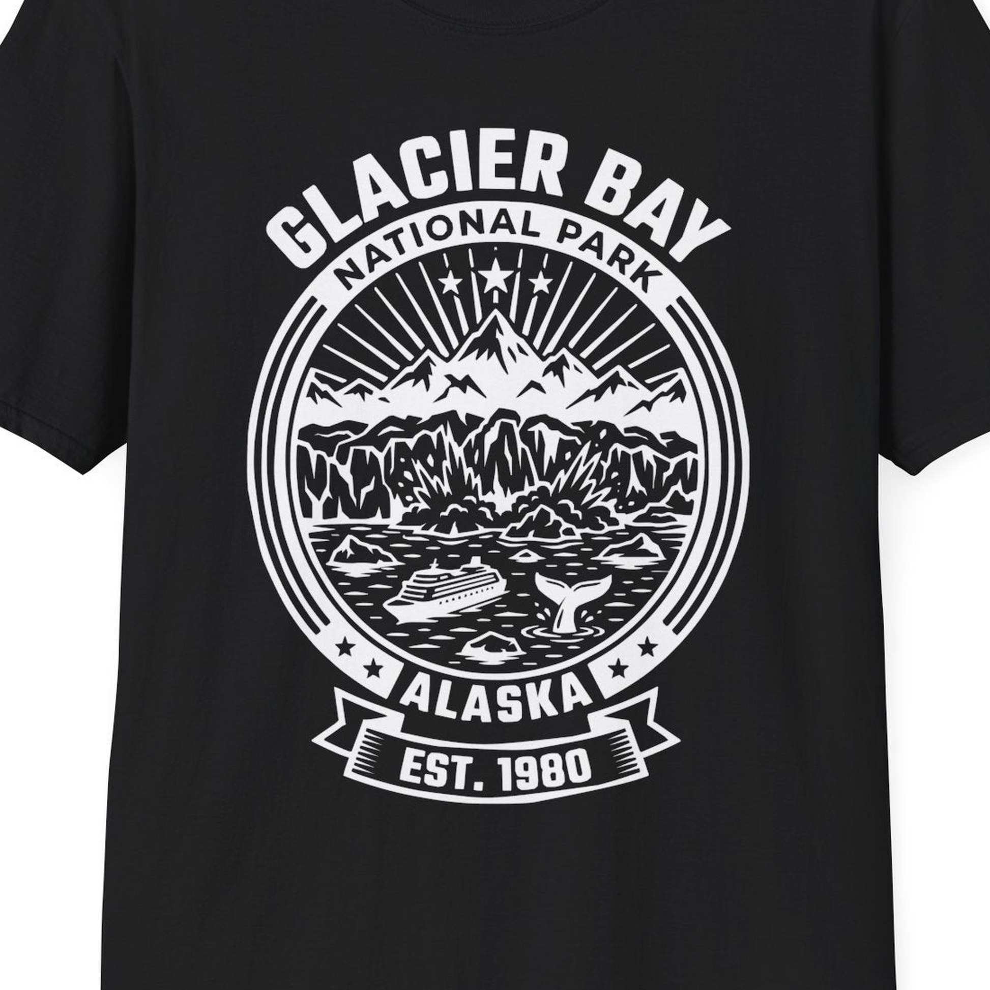 Glacier Bay Alaska National Park Adventure Shirt for Travelers — T-Shirt T-Shirt – Black – Alaska Cruise Shirts Close Up
