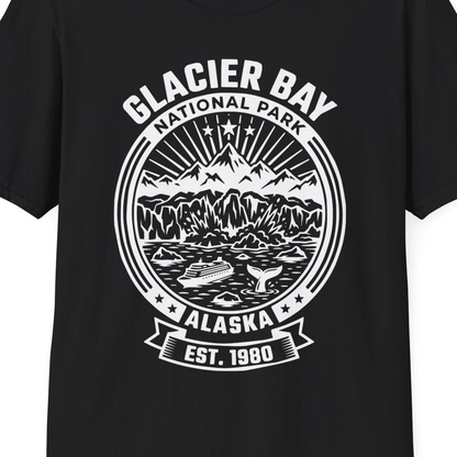 Glacier Bay Alaska National Park Adventure Shirt for Travelers — T-Shirt T-Shirt – Black – Alaska Cruise Shirts Close Up