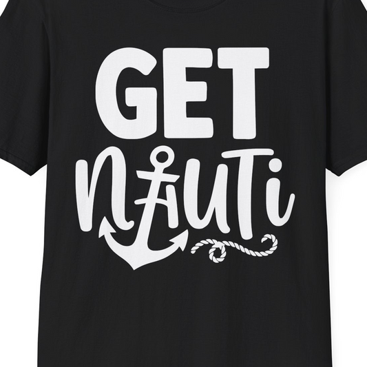 Get Nauti Nautical Pun Shirt with Anchor and Rope Graphic — T-Shirt T-Shirt – Black – Alaska Cruise Shirts Close Up