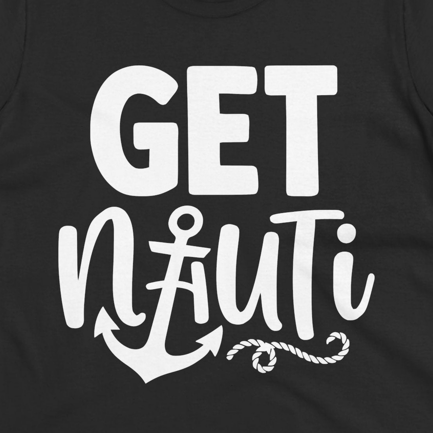 Get Nauti Nautical Pun Shirt with Anchor and Rope Graphic — Ladies Tee T-Shirt – Black – Alaska Cruise Shirts Close Up