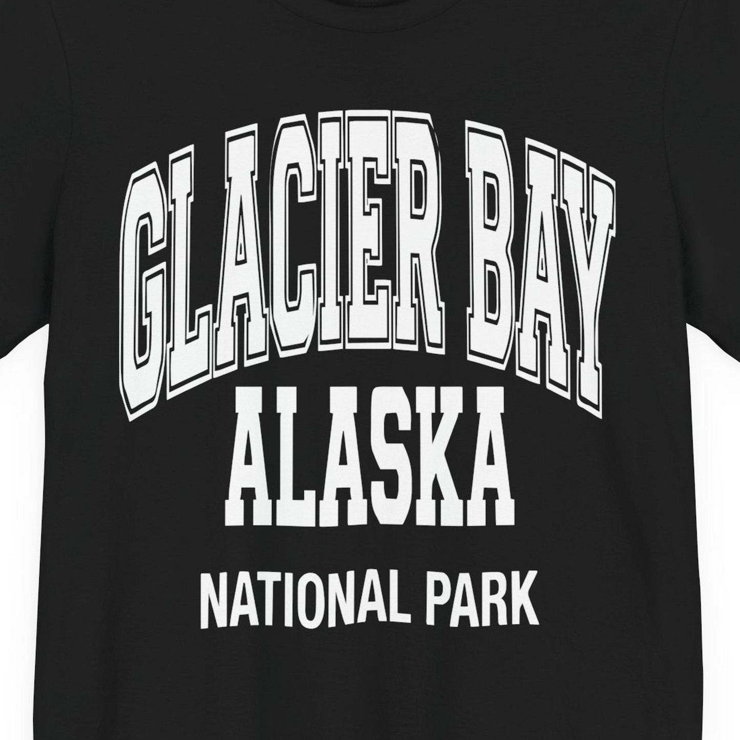Glacier Bay Alaska National Park Classic Souvenir T-Shirt — Premium Tee T-Shirt – Black – Alaska Cruise Shirts Close Up