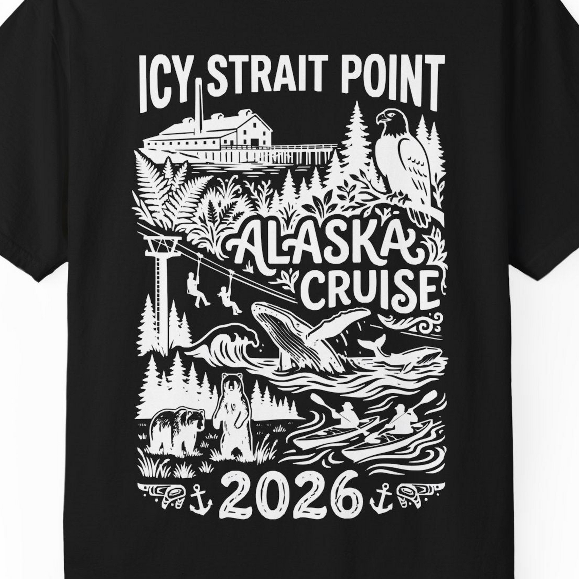 Icy Strait Point Alaska Cruise 2026 Wildlife Adventure Shirt — Comfort T-Shirt – Black – Alaska Cruise Shirts Close Up