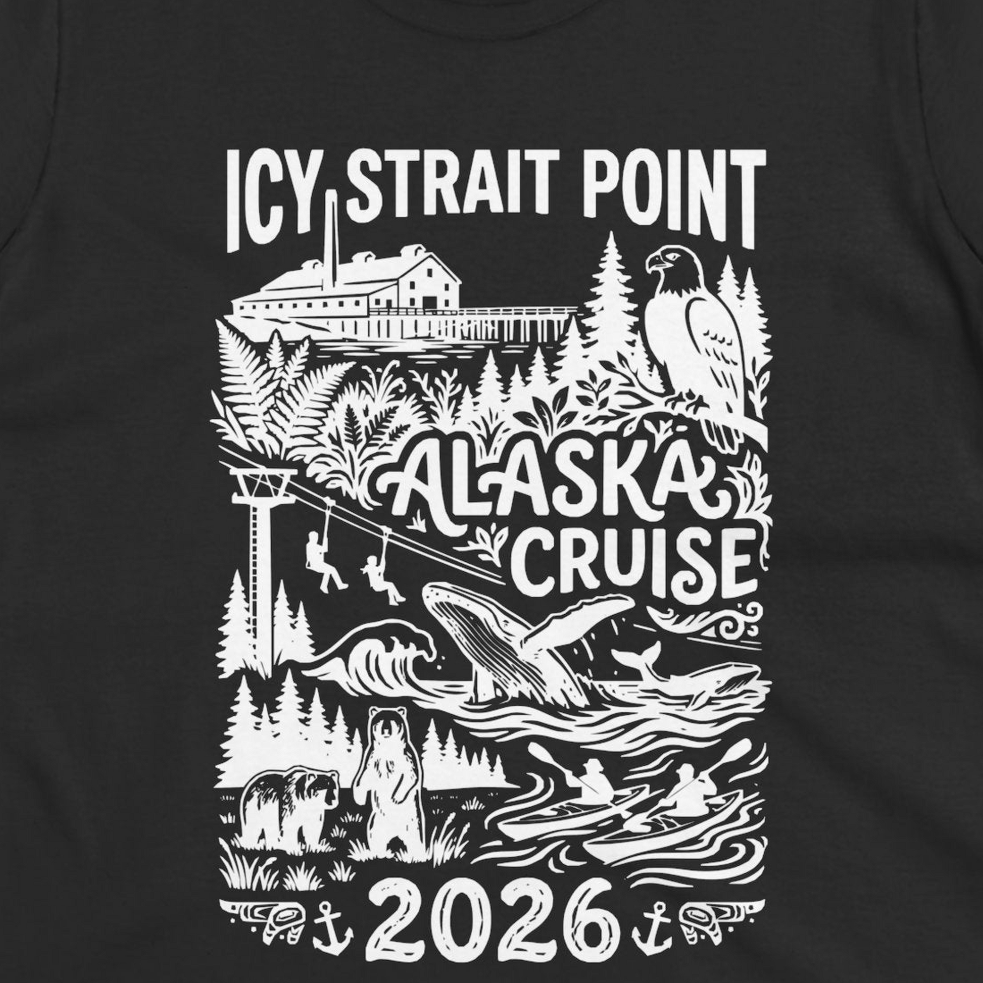 Icy Strait Point Alaska Cruise 2026 Wildlife Adventure Shirt — Ladies Tee T-Shirt – Black – Alaska Cruise Shirts Close Up
