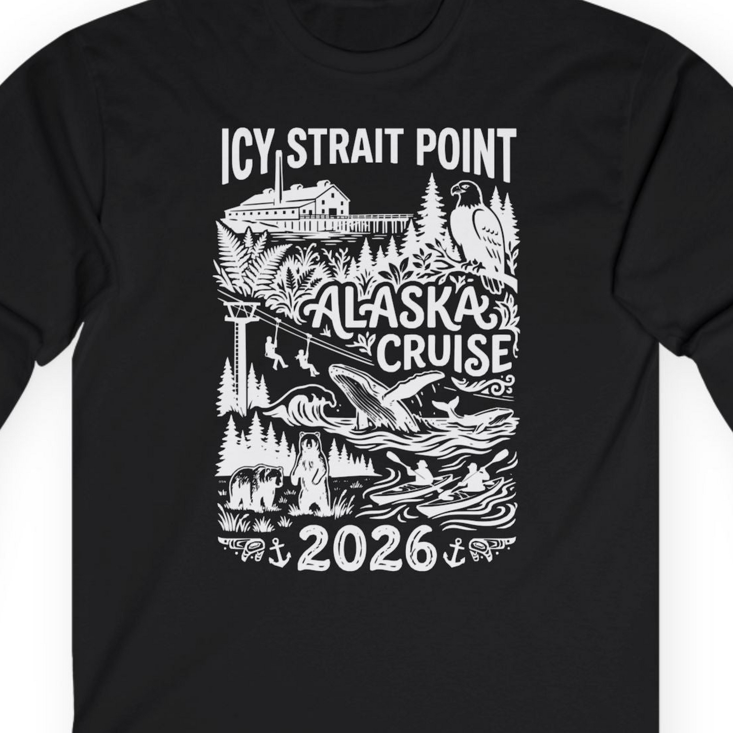 Icy Strait Point Alaska Cruise 2026 Wildlife Adventure Shirt — Long Sleeve T-Shirt – Black – Alaska Cruise Shirts Close Up