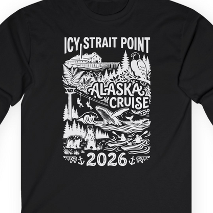 Icy Strait Point Alaska Cruise 2026 Wildlife Adventure Shirt — Long Sleeve T-Shirt – Black – Alaska Cruise Shirts Close Up