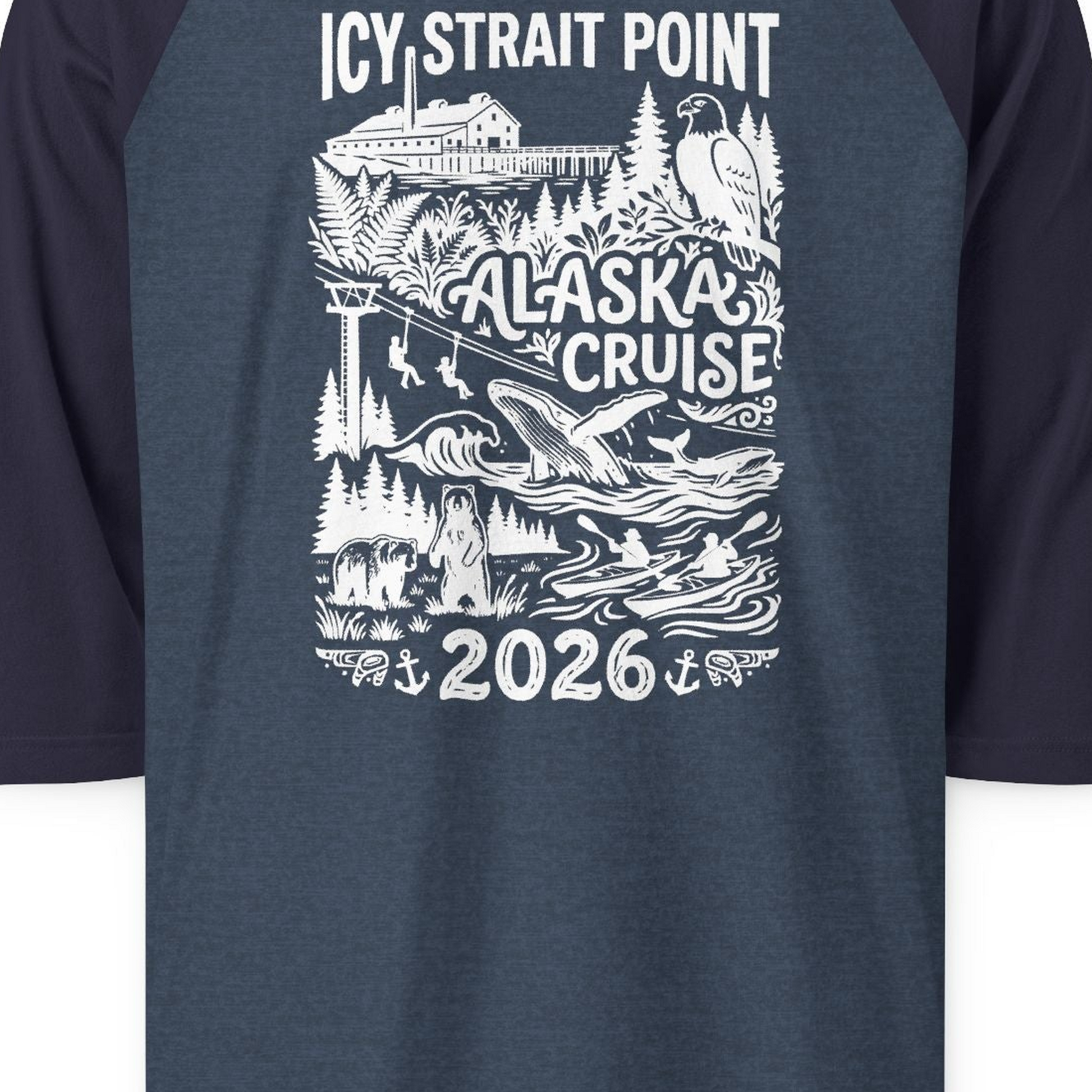 Icy Strait Point Alaska Cruise 2026 Wildlife Adventure Shirt — 3/4 Sleeve T-Shirt – Heather Denim/Navy – Alaska Cruise Shirts Close Up