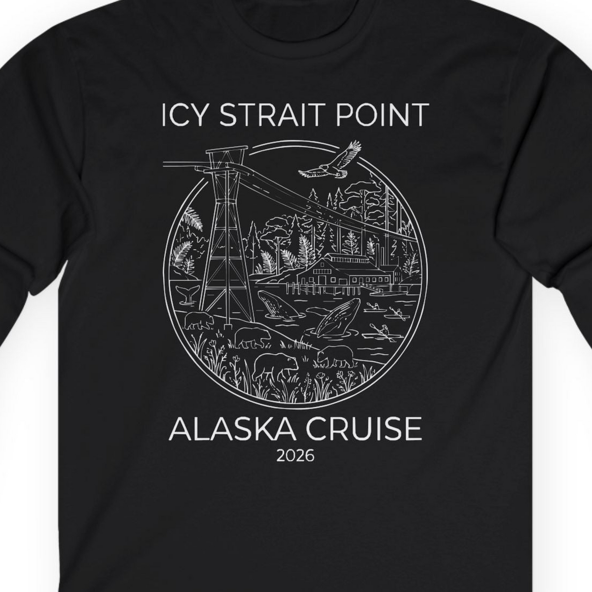 Icy Strait Point Alaska Cruise 2026 Nature Adventure T-Shirt — Long Sleeve T-Shirt – Black – Alaska Cruise Shirts Close Up