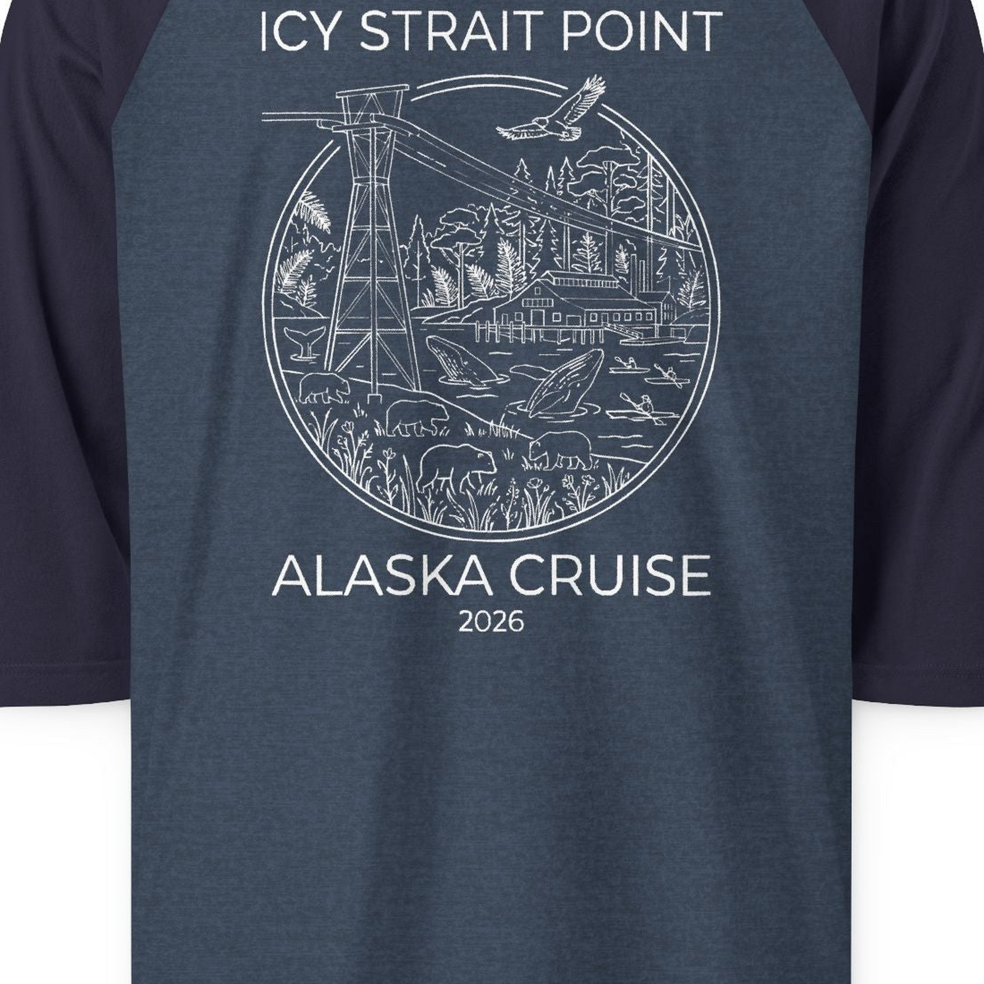 Icy Strait Point Alaska Cruise 2026 Nature Adventure T-Shirt — 3/4 Sleeve T-Shirt – Heather Denim/Navy – Alaska Cruise Shirts Close Up