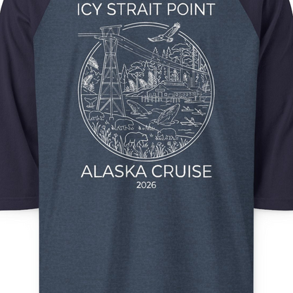 Icy Strait Point Alaska Cruise 2026 Nature Adventure T-Shirt — 3/4 Sleeve T-Shirt – Heather Denim/Navy – Alaska Cruise Shirts Close Up