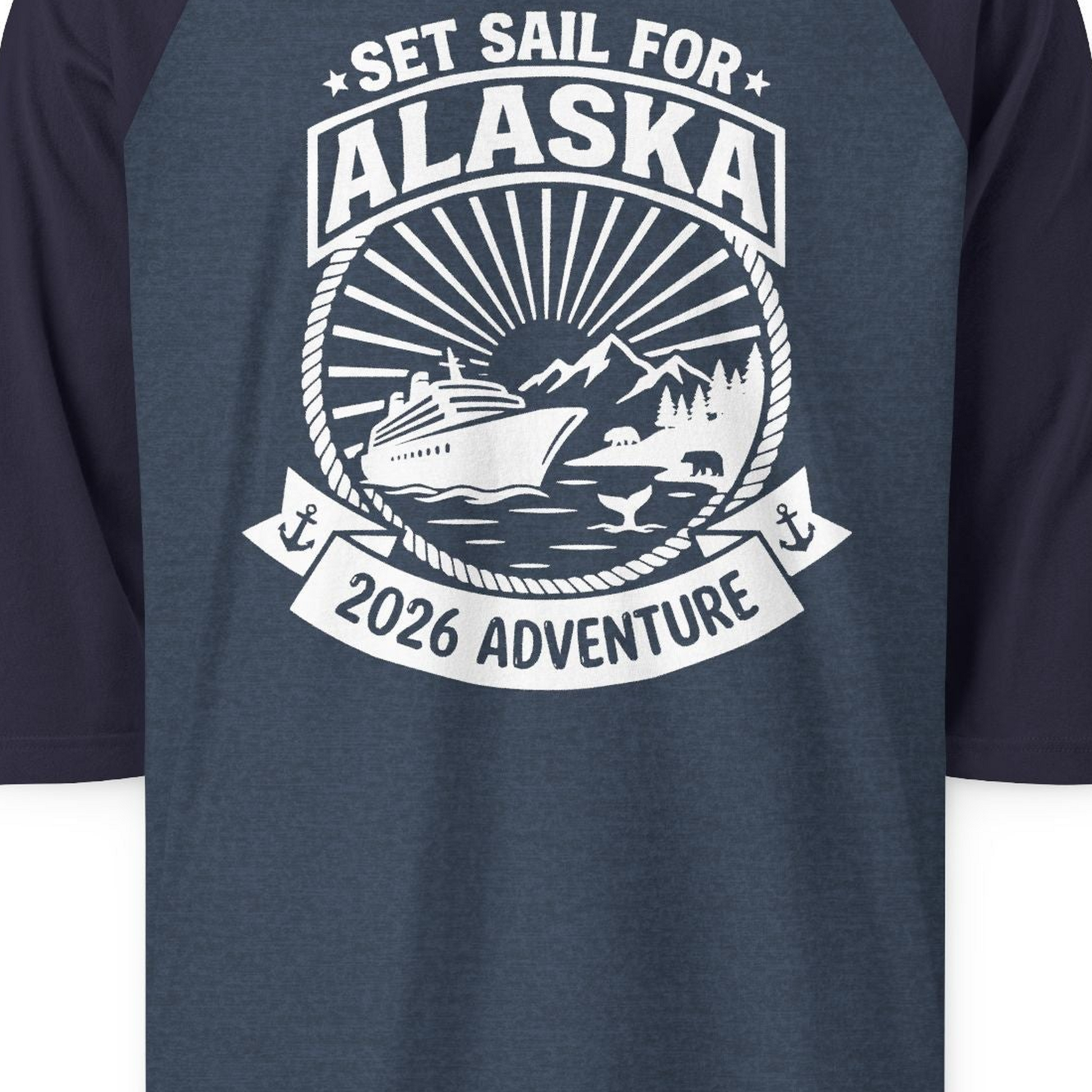 Set Sail for Alaska 2026 Adventure Vintage Cruise Shirt — 3/4 Sleeve T-Shirt – Heather Denim/Navy – Alaska Cruise Shirts Close Up