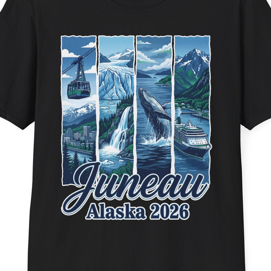 Juneau Alaska 2026 Cruise and Nature Souvenir Shirt — T-Shirt T-Shirt – Black – Alaska Cruise Shirts Close Up