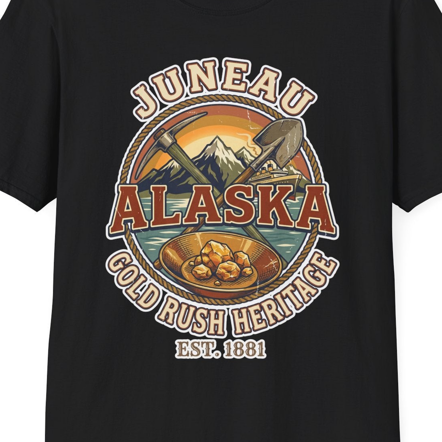 Juneau Alaska Gold Rush Heritage Vintage Travel T-Shirt — T-Shirt T-Shirt – Black – Alaska Cruise Shirts Close Up