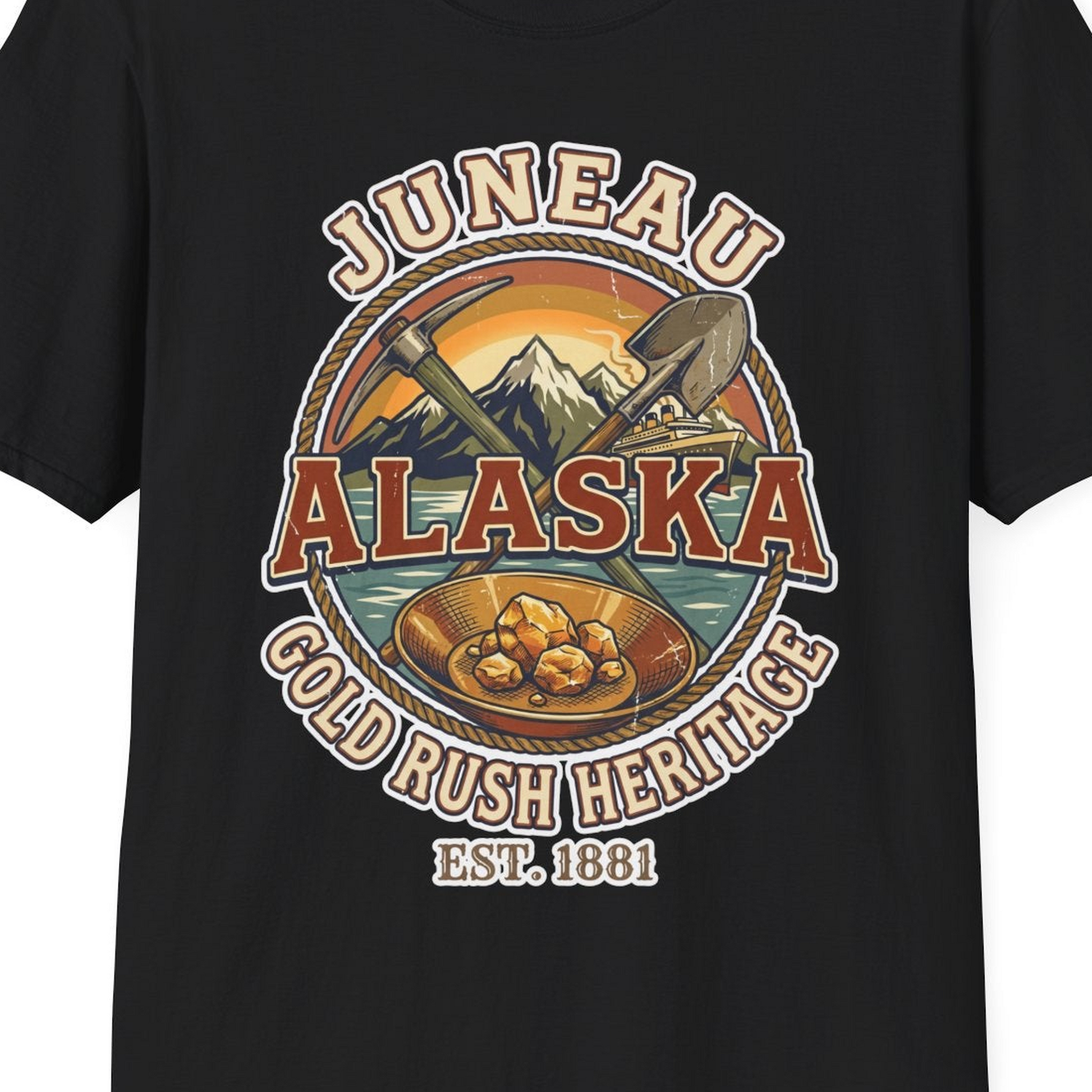 Juneau Alaska Gold Rush Heritage Vintage Travel T-Shirt — T-Shirt T-Shirt – Black – Alaska Cruise Shirts Close Up