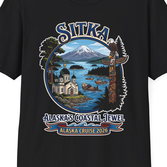 Sitka Alaska Cruise 2026 Alaska's Coastal Jewel Travel Souvenir Shirt — T-Shirt T-Shirt – Black – Alaska Cruise Shirts Close Up