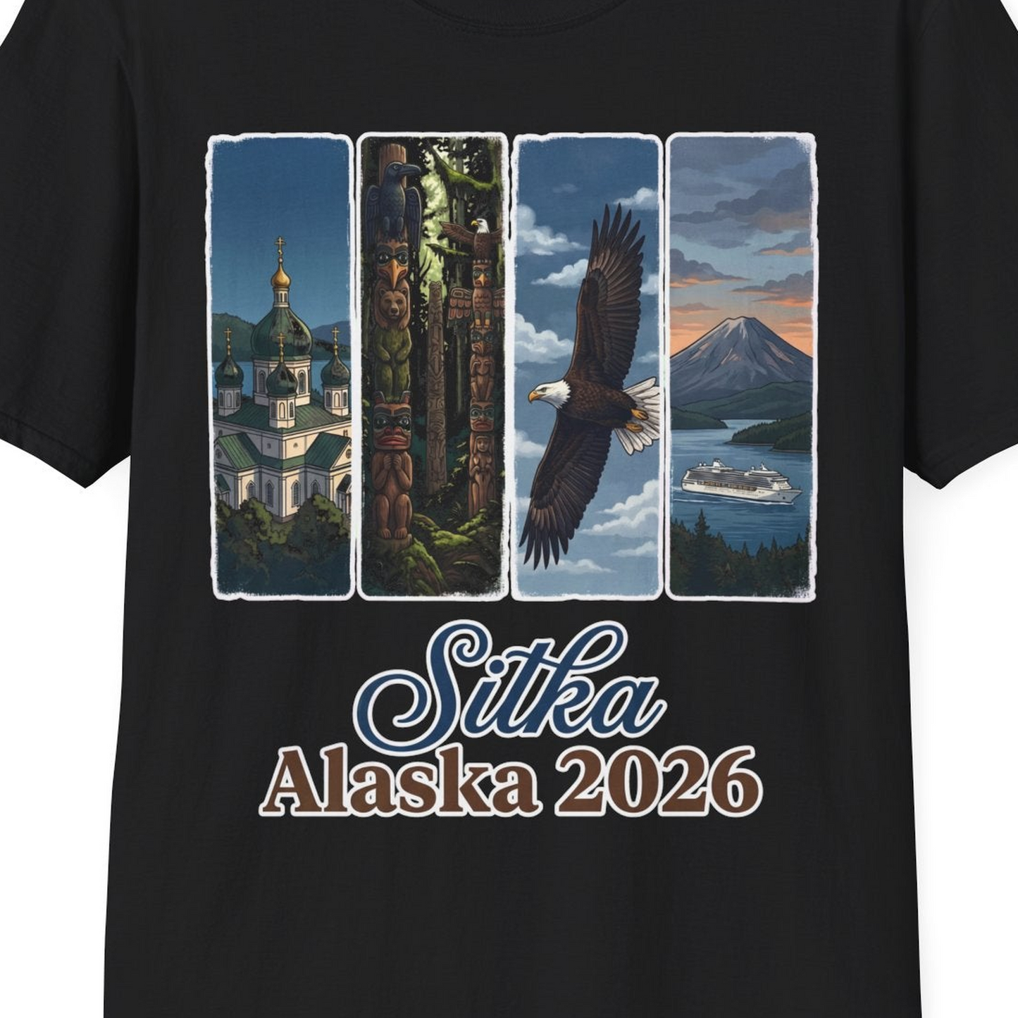Sitka Alaska 2026 Cruise and Wildlife Souvenir Graphic Shirt — T-Shirt T-Shirt – Black – Alaska Cruise Shirts Close Up