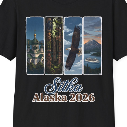 Sitka Alaska 2026 Cruise and Wildlife Souvenir Graphic Shirt — T-Shirt T-Shirt – Black – Alaska Cruise Shirts Close Up