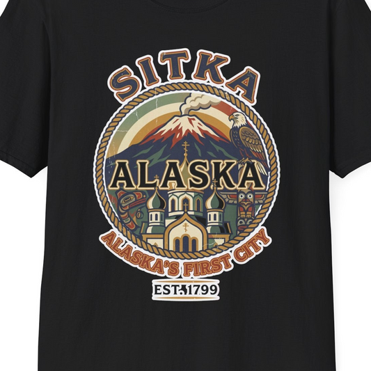 Sitka Alaska Vintage Heritage Tee with Iconic Local Landmarks Art — T-Shirt T-Shirt – Black – Alaska Cruise Shirts Close Up