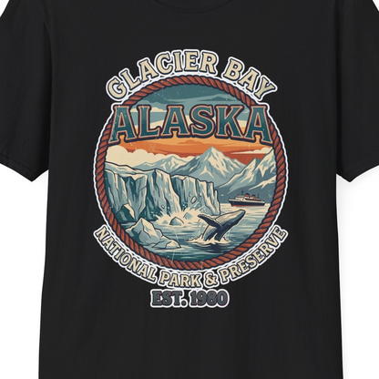 Glacier Bay Alaska National Park Vintage Nature Scene Shirt — T-Shirt T-Shirt – Black – Alaska Cruise Shirts Close Up