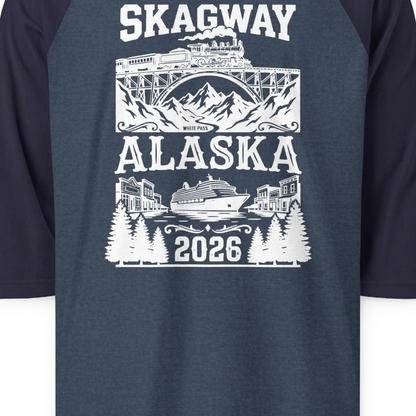 Skagway Alaska Cruise 2026 Shirt with Train and Mountains — 3/4 Sleeve T-Shirt – Heather Denim/Navy – Alaska Cruise Shirts Close Up