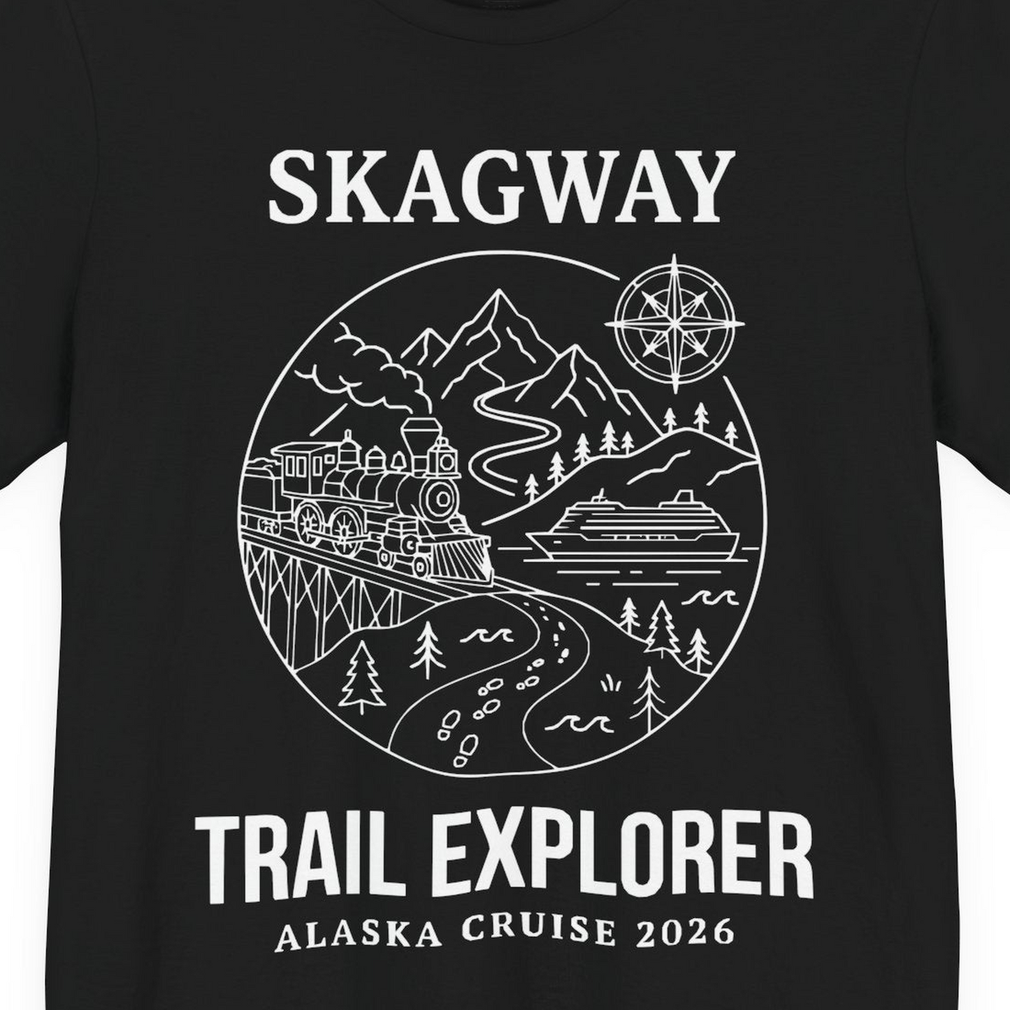 Skagway Trail Explorer Alaska Cruise Scenic Adventure Shirt — Premium Tee T-Shirt – Black – Alaska Cruise Shirts Close Up