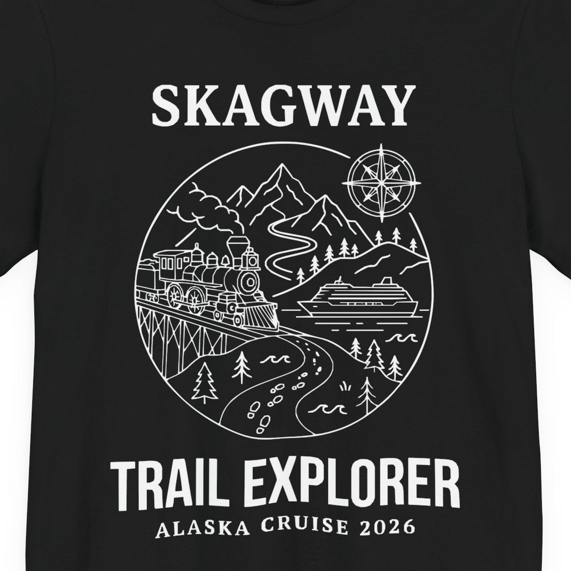 Skagway Trail Explorer Alaska Cruise Scenic Adventure Shirt — Premium Tee T-Shirt – Black – Alaska Cruise Shirts Close Up
