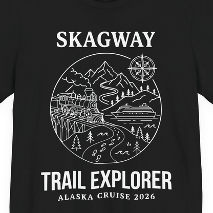 Skagway Trail Explorer Alaska Cruise Scenic Adventure Shirt — Premium Tee T-Shirt – Black – Alaska Cruise Shirts Close Up