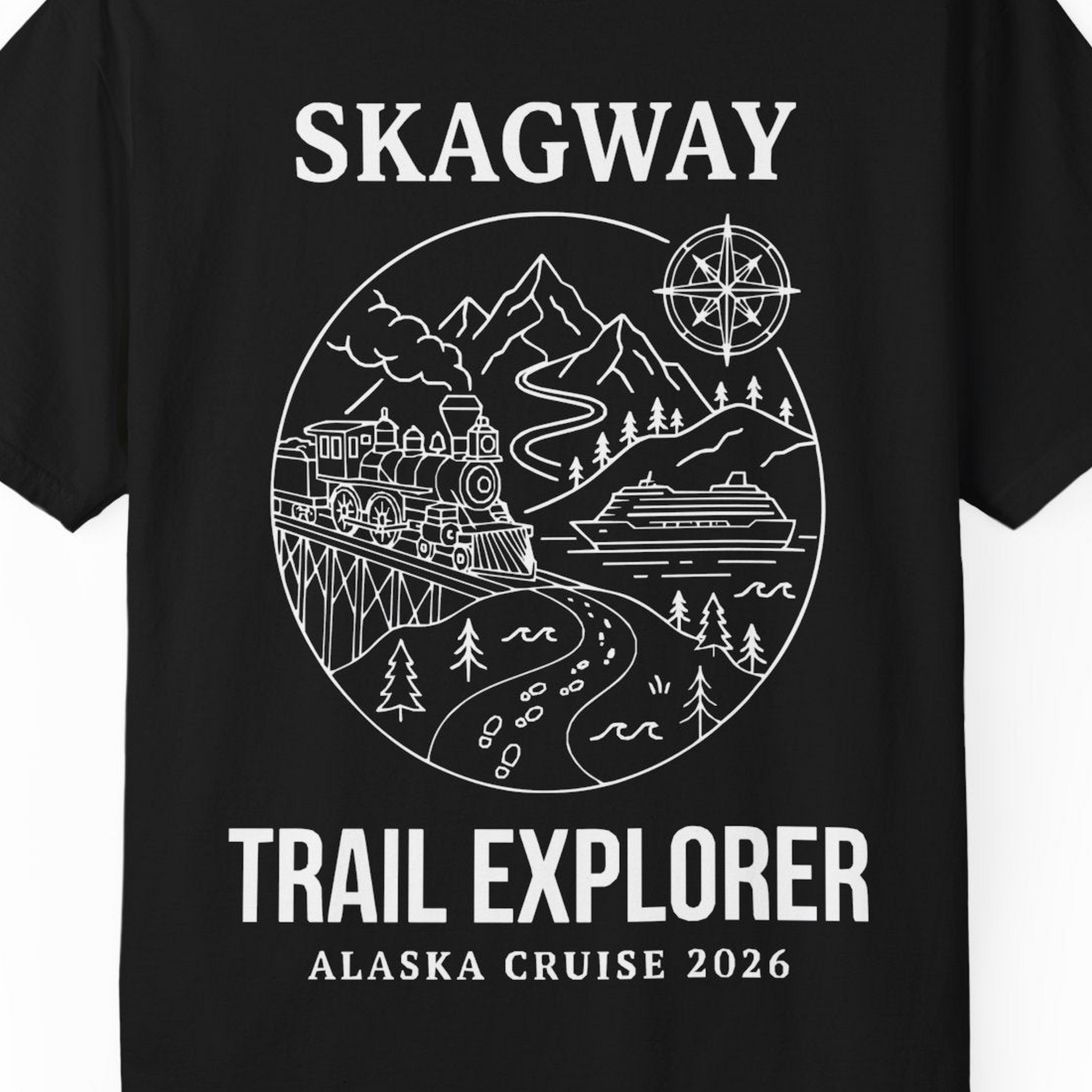Skagway Trail Explorer Alaska Cruise Scenic Adventure Shirt — Comfort T-Shirt – Black – Alaska Cruise Shirts Close Up