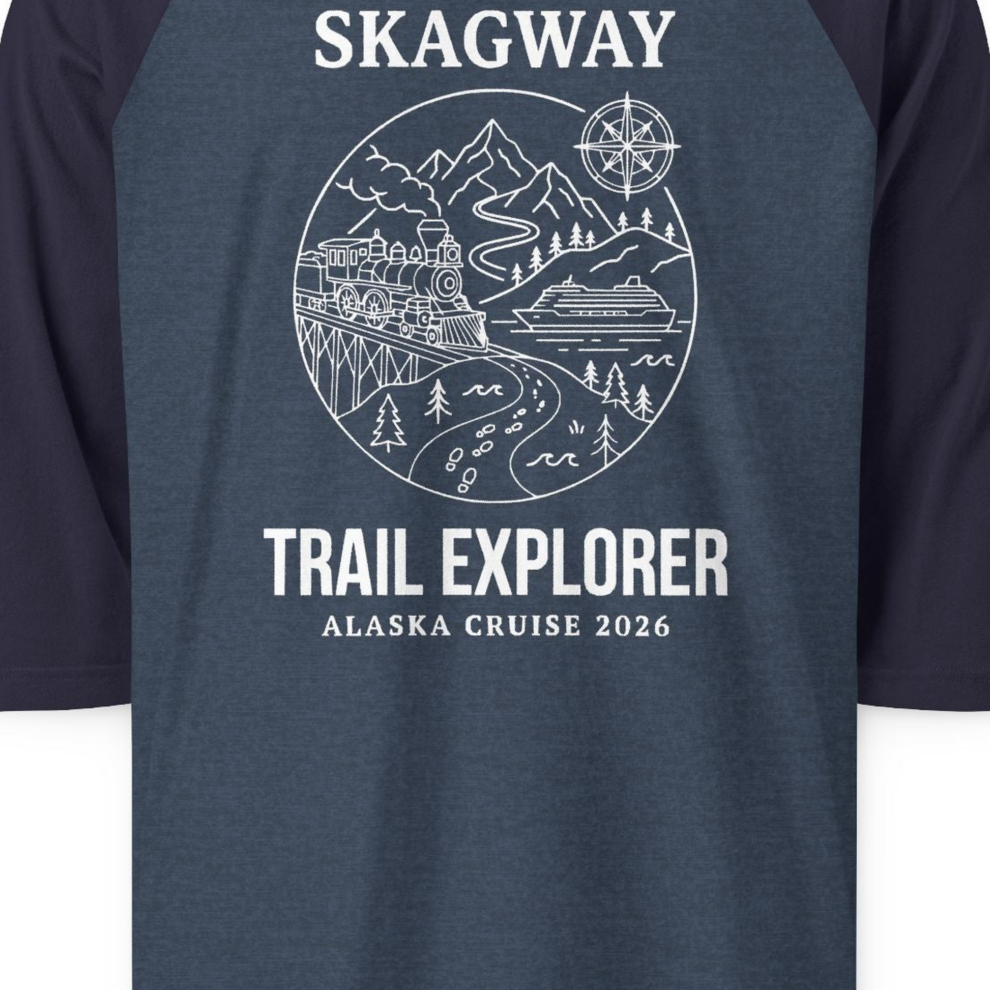 Skagway Trail Explorer Alaska Cruise Scenic Adventure Shirt — 3/4 Sleeve T-Shirt – Heather Denim/Navy – Alaska Cruise Shirts Close Up